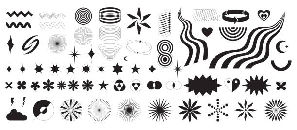 stockillustraties, clipart, cartoons en iconen met a set of abstract geometric decorative elements in y2k style. trendy minimalistic retro shapes, stars, bling, glitter, silhouettes, brutalism forms, waves. modern graphic design elements. vector - ontwerpelement