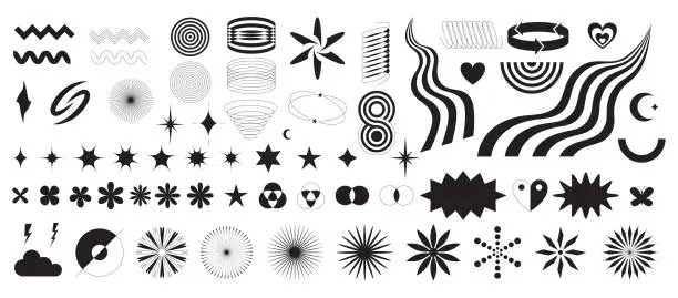 Vector illustration of A set of abstract geometric decorative elements in Y2K style. Trendy minimalistic retro shapes, stars, bling, glitter, silhouettes, brutalism forms, waves. Modern graphic design elements. Vector