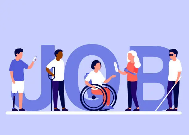 Vector illustration of Search job for people with disability and inclusion vacancy, employment, go to career. Disabled on wheelchair and with other health restrictions. Handicap seek opportunity, want to work. Vector