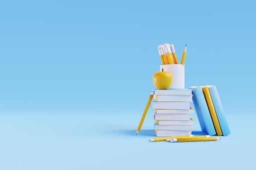 Stack of books with supplies. Back to school concept. 3D Render