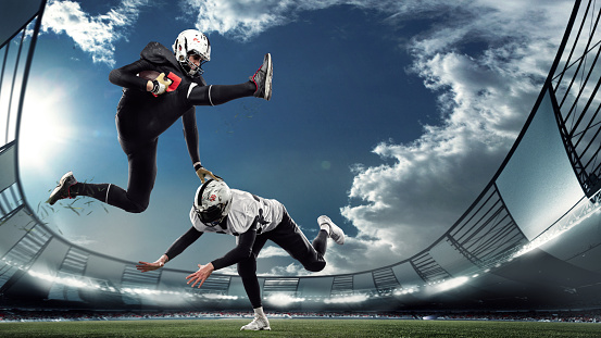 Collage with two american football players in action, motion. Sportsmen fight for ball during game at crowded stadium at evening time. Sport, challenges, achievements, active lifestyle.