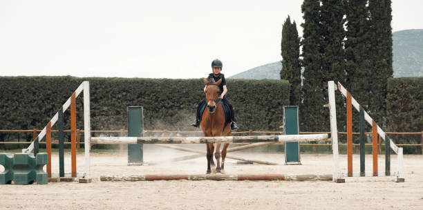 istock Kid on horse jumping over barrier. 1403238061