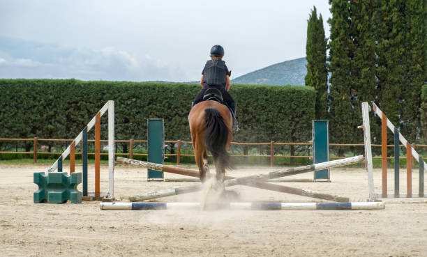 istock Kid on horse jumping over barrier. 1403238067