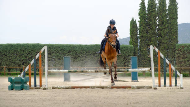 istock Kid on horse jumping over barrier. 1403238077