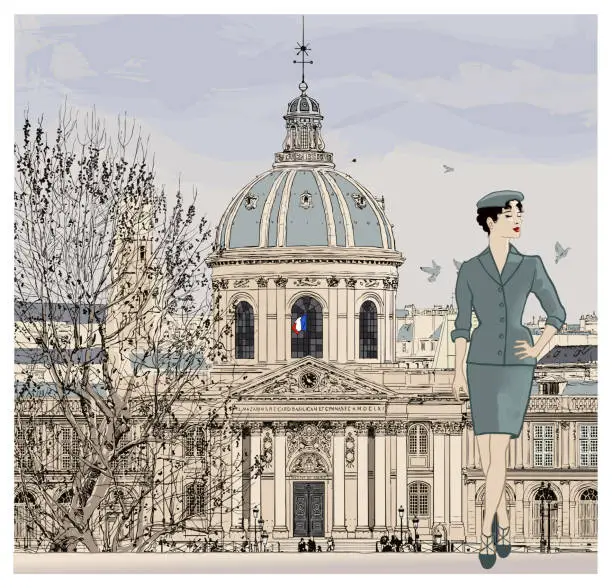 Vector illustration of Fashion model posing on famous pont des arts crossing the Seine river in Paris
