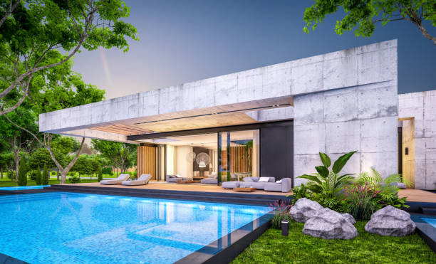 istock 3d rendering of new concrete house in modern style in evening 1403240767