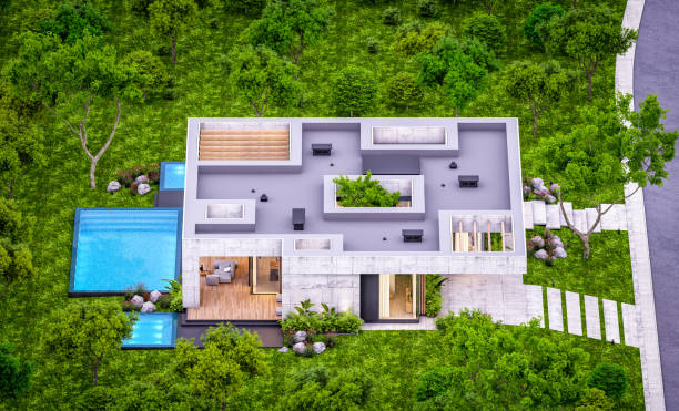 istock 3d rendering of new concrete house in modern style in evening 1403240769