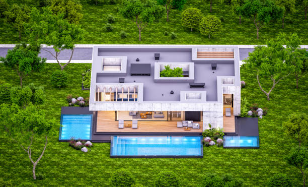 istock 3d rendering of new concrete house in modern style in evening 1403240817