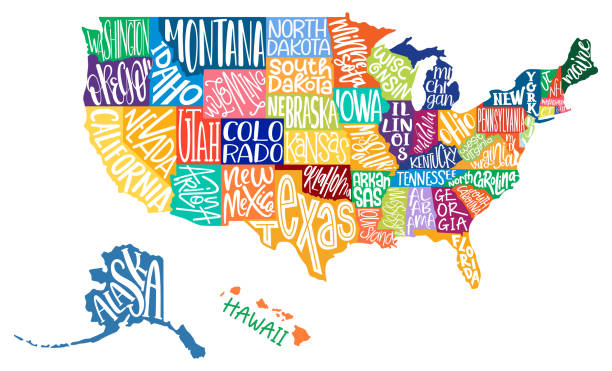illustrations, cliparts, dessins animés et icônes de carte des états-unis. carte couleur des états-unis d’amérique avec les noms d’état en texte. - amérique