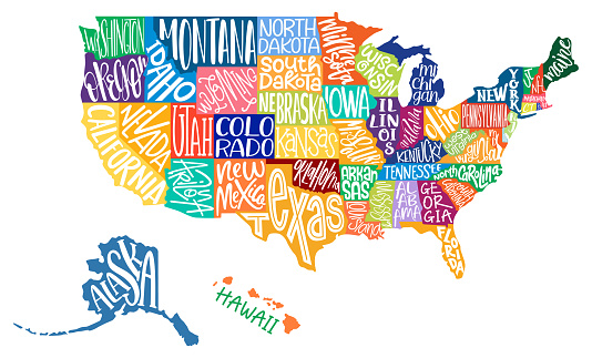 United States of America map with text state names. USA MAP. Flat hand drawn black and white vector illustration. Design USA typography map with states text. American map for poster, banner, t-shirt.