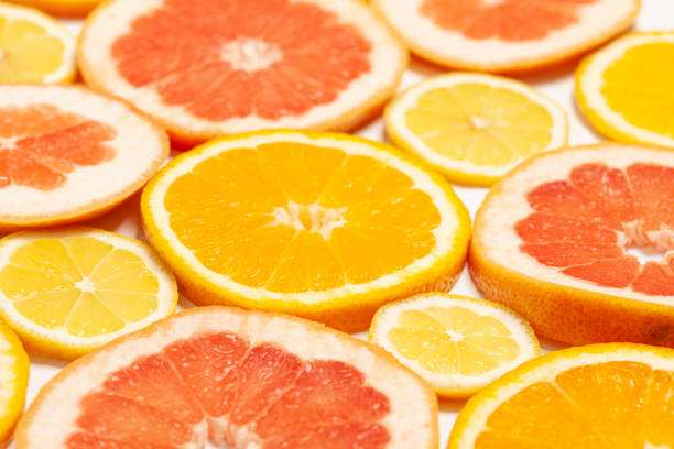 Citrus fruits collection food background oranges grapefruit lemon fresh fruit background.