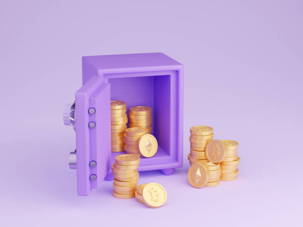 istock Safe box with crypto currency money 3d render - open purple strongbox filled and surrounded by gold bitcoin and ethereum 1403242762