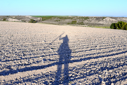 Horizontal photograph of the shadow of a human silhouette, with arms raised and holding a farm implement, in a field with plowed land.