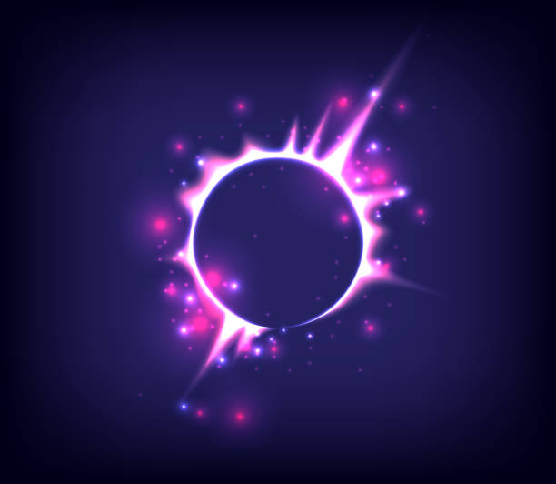 istock Fireworks model. Glowing circle. Sunshine, light , ray and sparking ring. Colorful tunnel. Bright border. Blue flame magic portal. Luminous electron and glint swirling. Solar eclipse. Pink neon light 1403245739