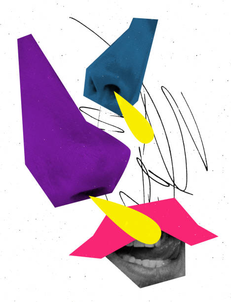 istock Contemporary art collage. Surreal artwork with nose and lips isolated over white background. Crazy 1403247215