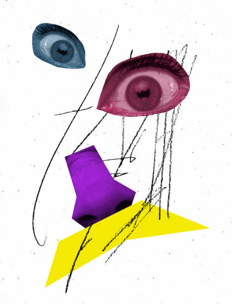 istock Contemporary art collage. Surreal artwork with human eyes and nose isolated over white background. Shocked look 1403247231