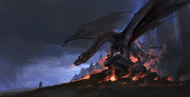 ilustraciones, imágenes clip art, dibujos animados e iconos de stock de lucha solo contra el dragón que respira fuego, ilustración en 3d. - fantasía