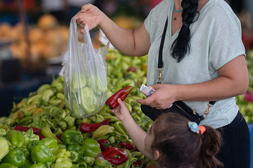 Photo of mother and 4 years old daughter shopping in farmer's market. Shot under daylight with a full frame mirrorless camera.