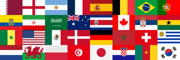 Vector illustration of Flags of Countries Participating in the Football Championship in Qatar 2022. Group Stage Final. Mondiale 2022. Football 2022. Sorted by Group Matches, Collected in One Banner. National Flags. Vector
