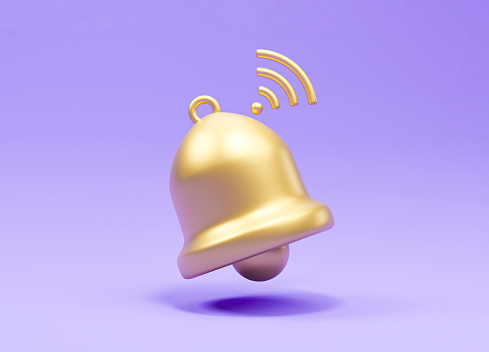 Golden bell ringing for application notification alert on purple background concept by 3d render illustration.