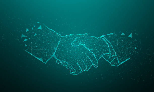 istock Abstract poly lines and handshake dots Handling internet connection business success concept vector illustration in flat design 1403251095