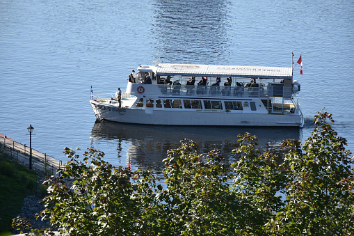 Ottawa River, People Sitting Down Inside Recreational Tour Boat Scene During Autumn Season In Ottawa Ontario Canada