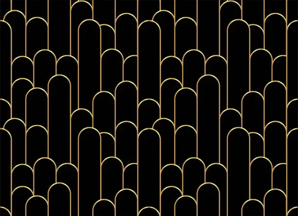 Vector illustration of Gold and black luxury arches pattern. Art Deco wallpaper design.