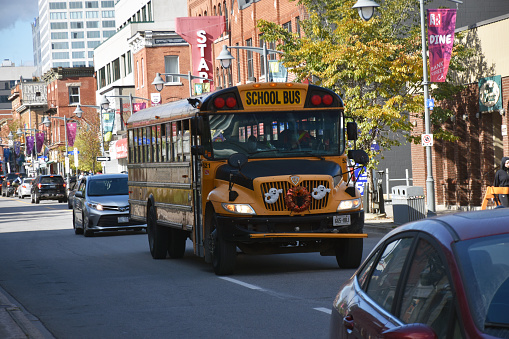 People, School Bus, Building Exterior, Tree, Road Traffic Scene During Autumn Season In Ottawa Ontario Canada North America