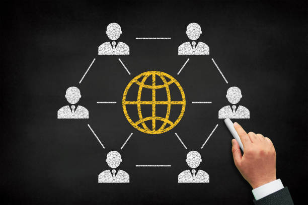 istock Global business network on chalkboard. Teamwork and brainstorm concept 1403251356