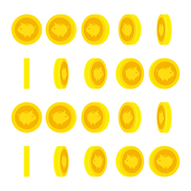 illustrazioni stock, clip art, cartoni animati e icone di tendenza di simpatico salvadanaio moneta d'oro rotante. foglio sprite di animazione isolato su sfondo bianco - token gold coin treasure