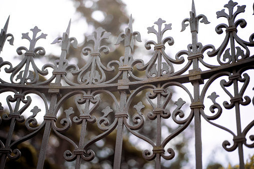 Close upshot of a forged iron fence.