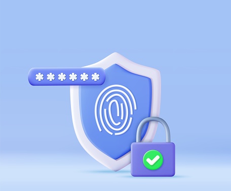 3d biometric fingerprint password with padlock and shield icon. Touch ID. Password interface to log in.Cyber security, data protection and privacy concept. 3d rendering. Vector illustration