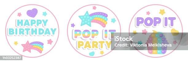 Set Of Three Birthday Favor Tags Popi It Fidget Toy Vector Design With Illustrations And Text