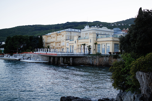 The oldest hotel in Opatija by the sea with big terrace and private beach made of concrete slabs