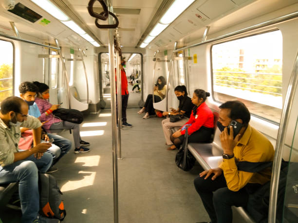 A picture of inside metro Train with selective focus Noida , Utter pardesh , India - May 19 2022 , A picture of inside metro Train with selective focus delhi metro stock pictures, royalty-free photos & images