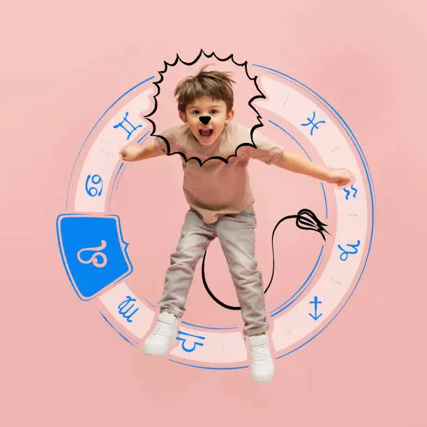 Photo of Thematic image of cute kid with drawing of zodiac signs isolated on pink background with pencil sketches. Concept of birthday, person's character, year, horoscope