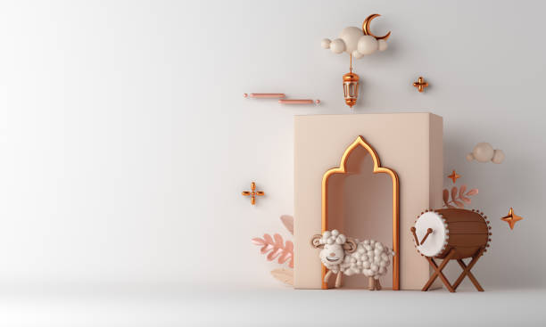 istock Eid al adha islamic decoration background with goat sheep mosque window bedug drum crescent, ramadan kareem, eid al fitr, muharram, copy space text area, 3D illustration. 1403258194