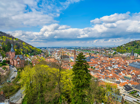 Landscape shot of Heidelberg town with trees and hills in view, Germany