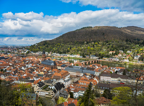 Aerial landscape shot of Heidelberg town with Neckar river in view, Germany