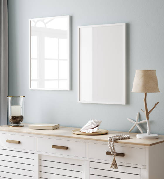 istock Mock up poster frame in interior background, Coastal style 1403260919