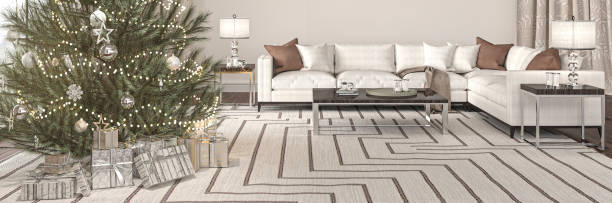 istock Big christmas tree with presents in living room interior design. Hampton style. Web banner. 3d render illustration background. 1403261216