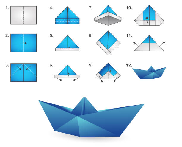 PAPER BOAT 10 Realistic folded paper boat vector set isolated on white background. paper boat modern origami. colorful origami boats. origami hand stock illustrations