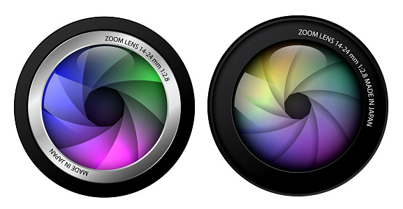 realistic camera lenses isolated, two professional photo lens with shutter blade.