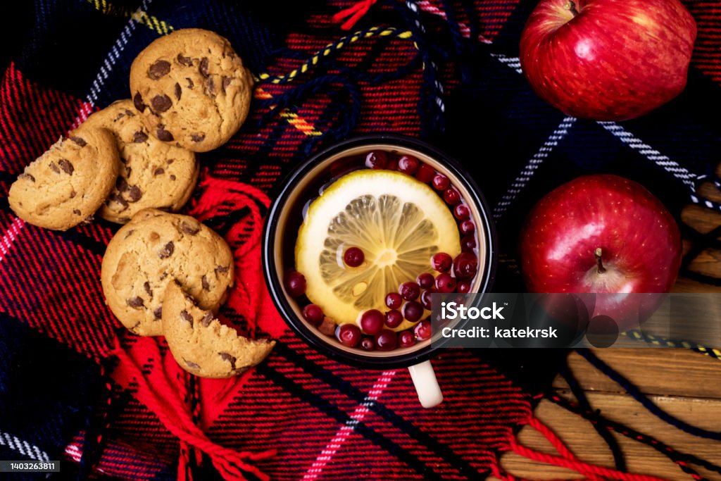 Picnic Background Cup of Tea with Lemon and Berry Cookies Red Apple Autumn Horizontal Autumn Stock Photo