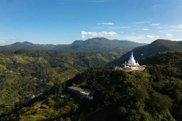 Mahamevnawa Buddhist Monastery among mountains and hills. Temple in the mountain top. Bandarawela, Sri Lanka.
