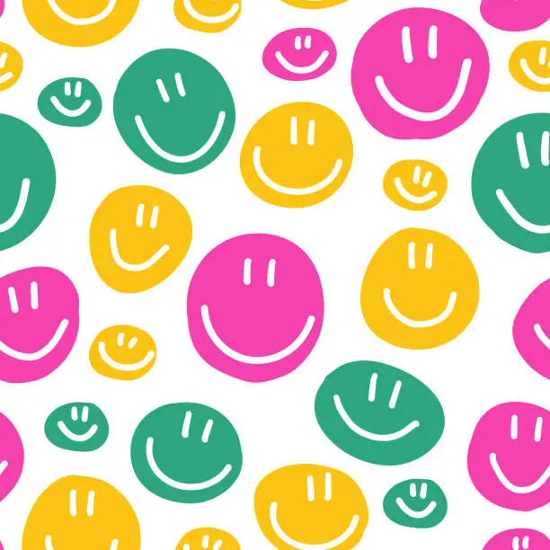Vector illustration of Cute childish bright seamless pattern with circles with smiley face. Vector texture, y2k aesthetic design, 2000s 90s background. sweet kid children print