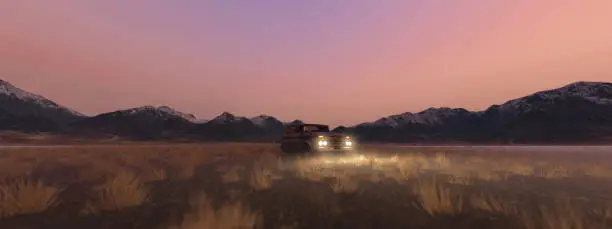 Pickup truck left on a vast plain with dry grass and mountains on the horizon at sunset. 3D render.