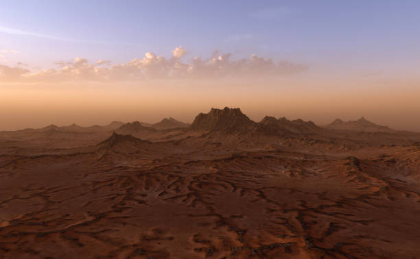 istock Landscape with rock formations and sand at sunrise. 3D render. 1403266208