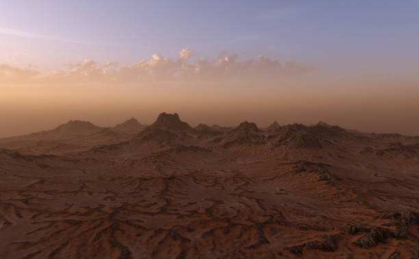 istock Landscape with rock formations and sand at sunrise. 3D render. 1403266209