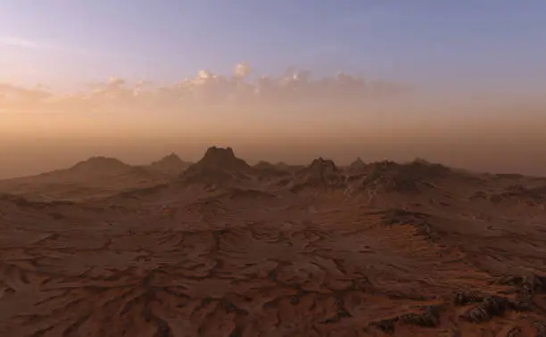 Landscape with rock formations and sand at sunrise. 3D render.